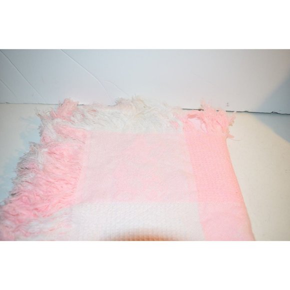 VTG Baby Blanket Pastel Pink Acrylic Fringed Knit Bunny Rabbit Waffle - Picture 2 of 5